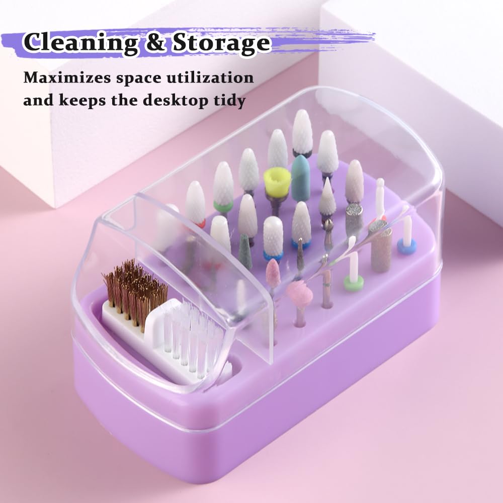 2 in 1 Nail Drill Bit Holder & Cleaner Brush Case, 30 Holes Dustproof Stand Display Storage Box with Steel Wire & Nylon Double Brush for Cleaning Tungsten Carbide Ceramic Nail Drill Bits Cuticle