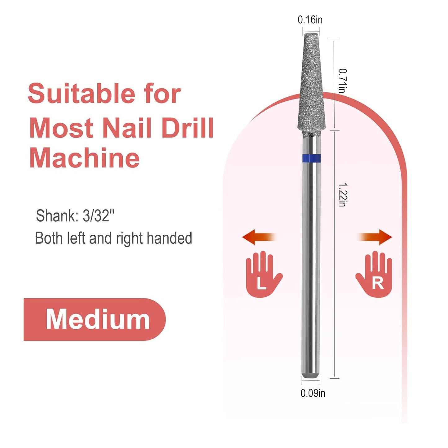 Diamond Safety Nail Drill Bits Round Top Tapered Electric Nail Drill File Cuticle Cleaner Tool for Acrylic Nails Rotary Nail Drill Machine Manicure Pedicure Polishing (Medium)