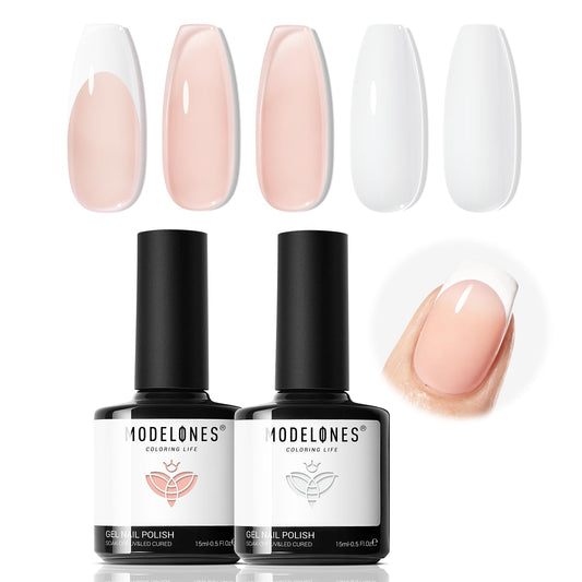 modelones French Tip Gel Nail Polish Set 2 Pcs 15ml White and Nude Pink French Manicure Kit Jelly Nude Soak Off U V LED Natural Base Color Gel Polish Nail Art Home DIY Gift for Women