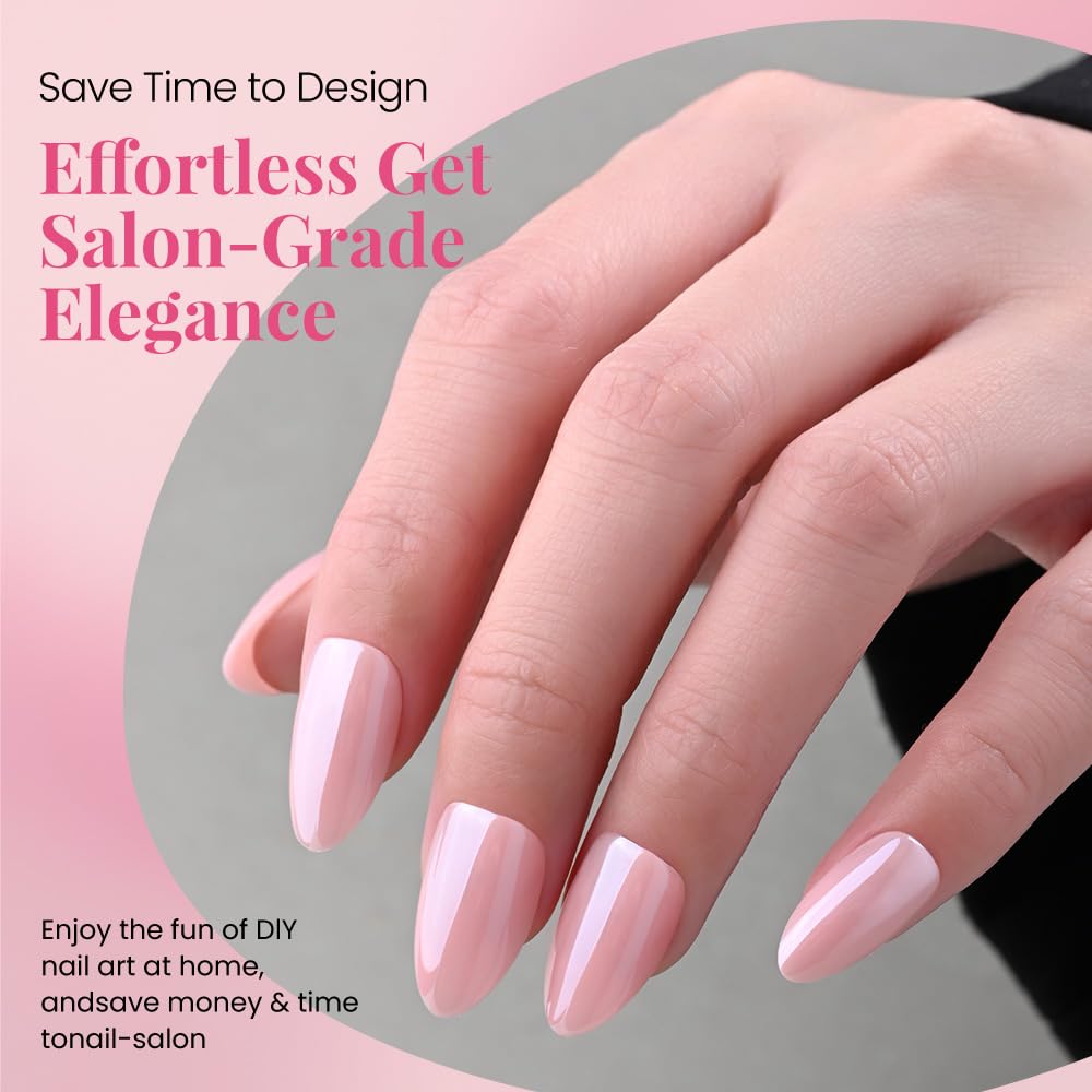 Press on Nails Short Almond - Nude Pink Chrome Glazed Glossy Press on Nail Tips Glue On Nails with Nail Glue for Gift, Reusable Stick On Nails in 15 Sizes 30 Full Cover Acrylic Soft Gel Fake Nails Kit