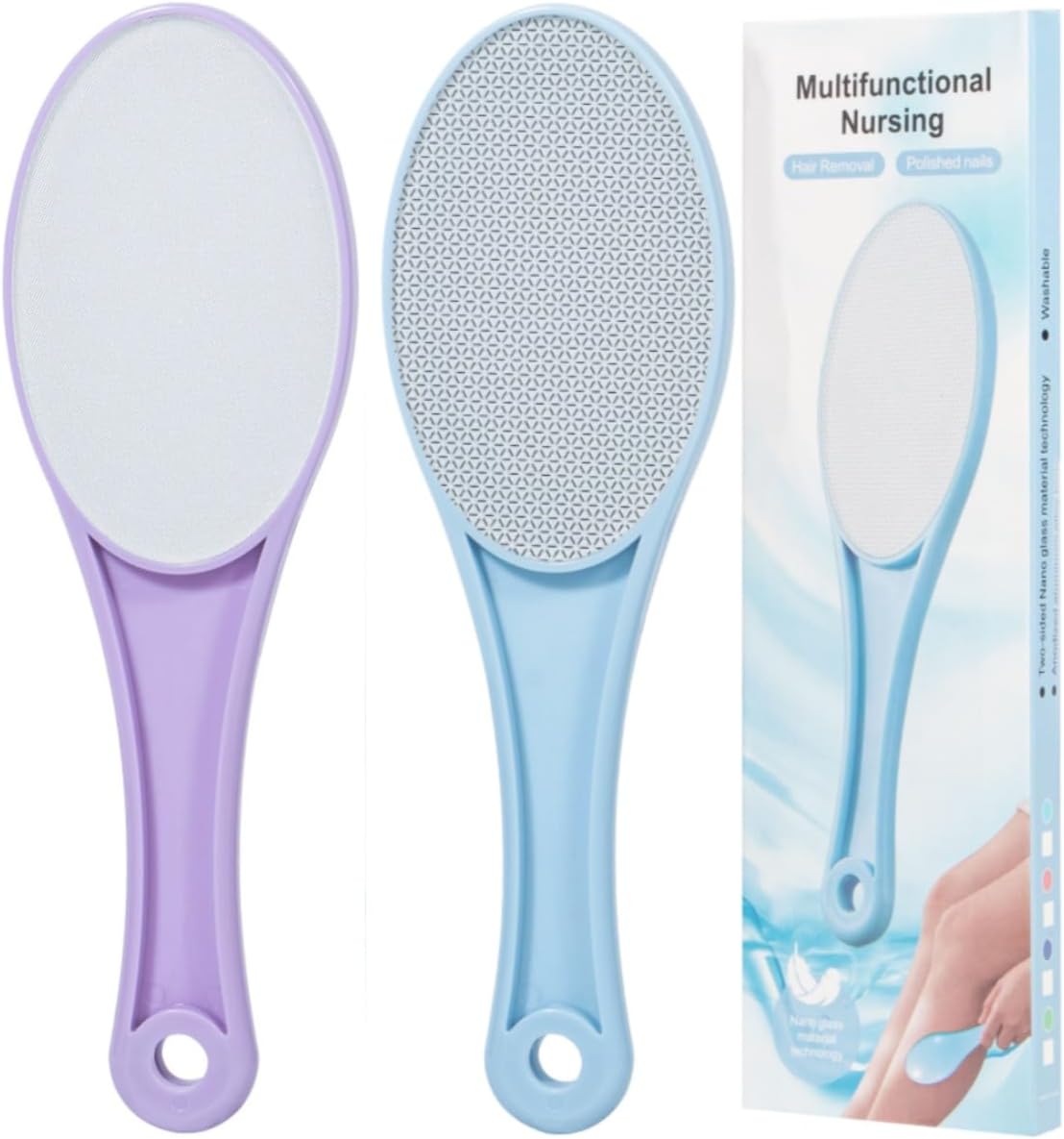 Nano Glass Foot File Callus Remover, 2 Pcs Hard and Dead Skin Remover for Feet, Double Sided Foot Scrubber Pedicure Tool, Hair Eraser for Softer & Smoother Feet Hands, Blue Purple Random Glass