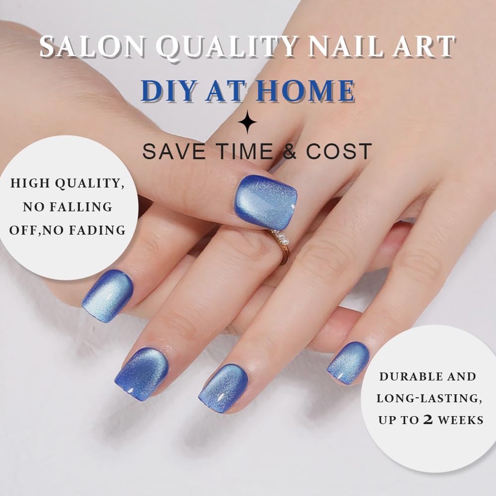 evpct Blue Cat Eye Extra Short Press on Nails Square, Petite Short Square Glue on Nails for Women Gift, Light Sky Blue Metallic Glitter Glossy Reusable Gel Press on Acrylic Fake Nail with Designs