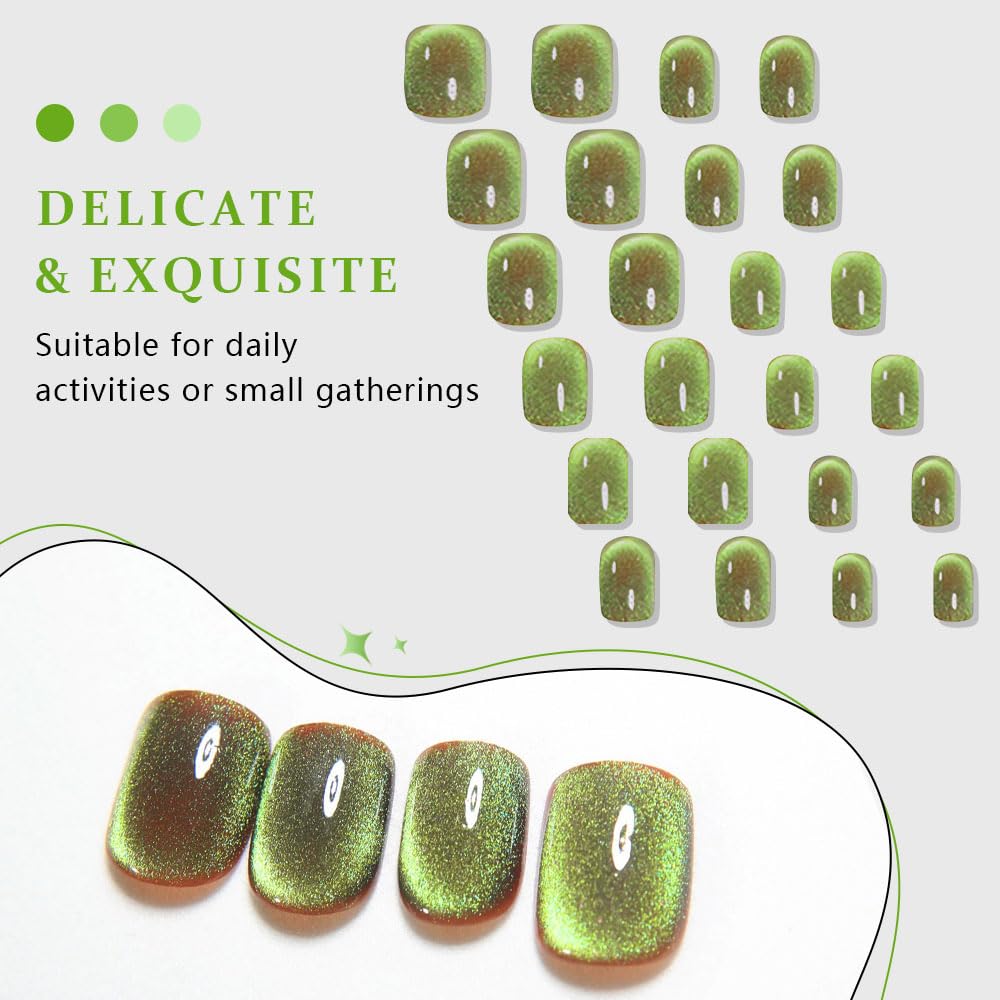 evpct Light Green Cat Eye Extra Short Press on Nails Square, Petite Short Square Glue on Nails for Women Gift, Light Green Metallic Glitter Glossy Reusable Gel Press on Acrylic Fake Nail with Designs