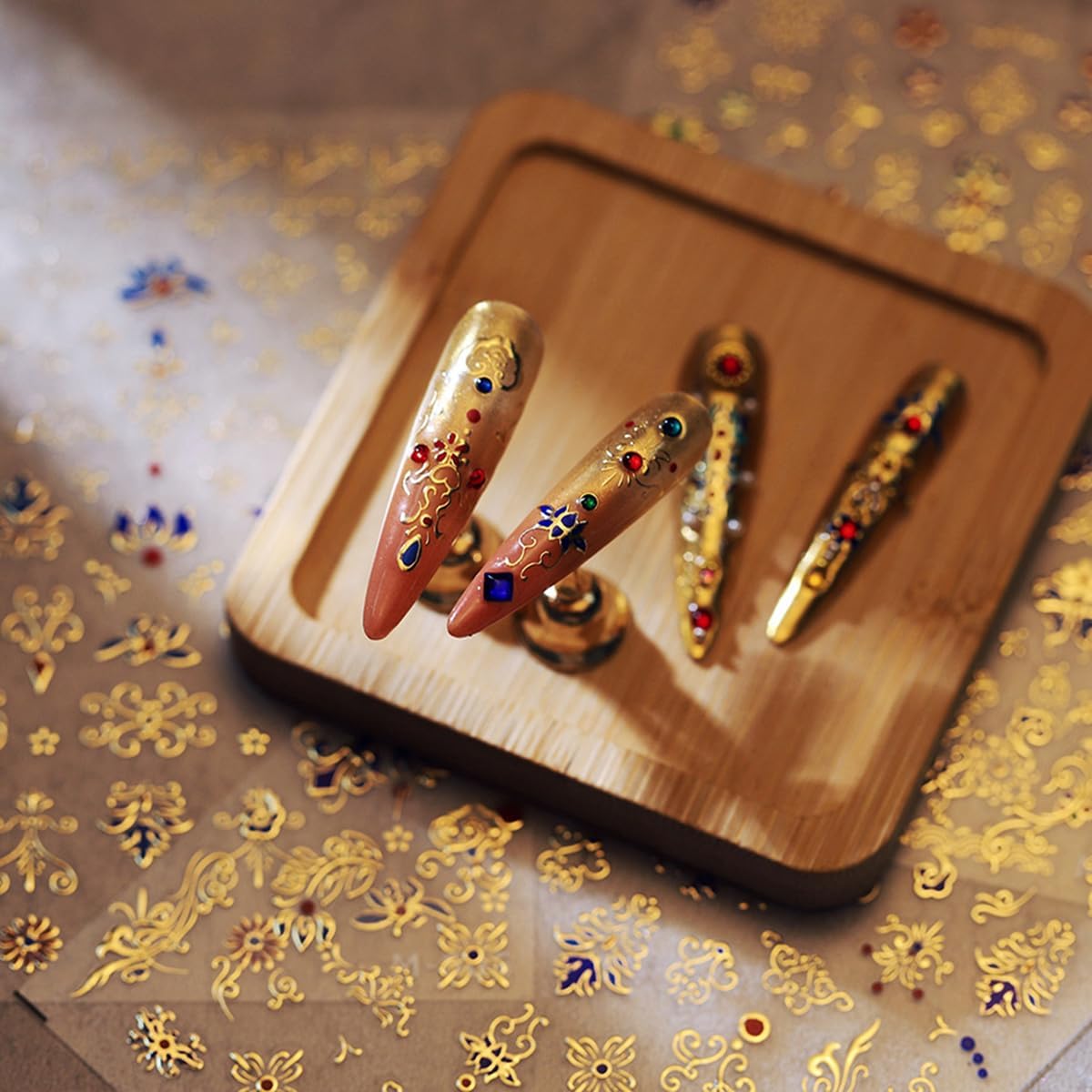Gold Flower 5D Embossed Retro Nail Stickers - Luxury Lace Self-Adhesive Decals for Nail Art Design - Manicure Decoration Supplies for Women