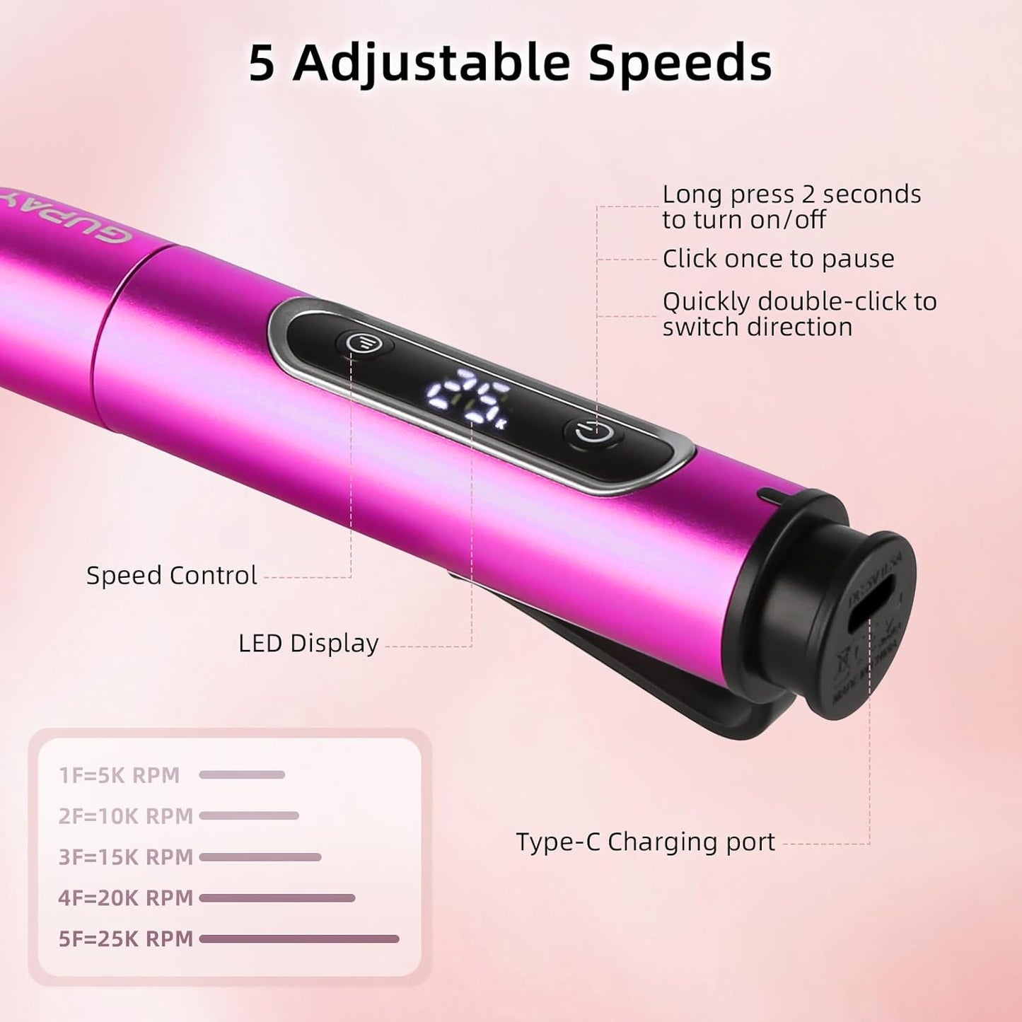 Electric Nail Files Cordless, Professional Nail Drill Machine for Acrylic Nails Gel with 5 Speeds, Portable Rechargeable E File Manicure Pedicure Kit Gifts for Girl Women Beginners