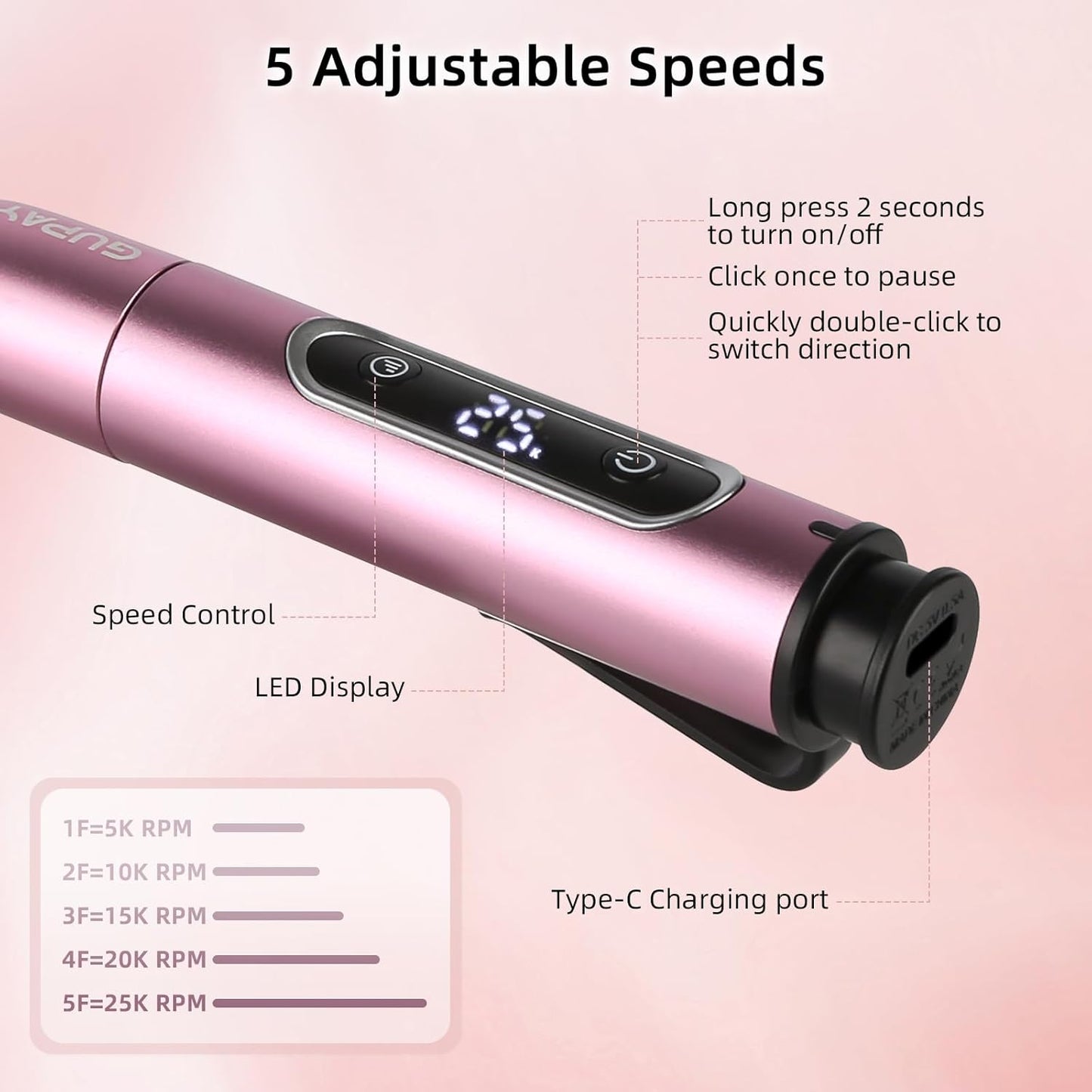 Electric Nail Files Cordless Professional Nail Drill Machine for Acrylic Nails Gel with 5 Speeds Portable Rechargeable File Manicure Pedicure Kit Gifts for Girl Women Beginners
