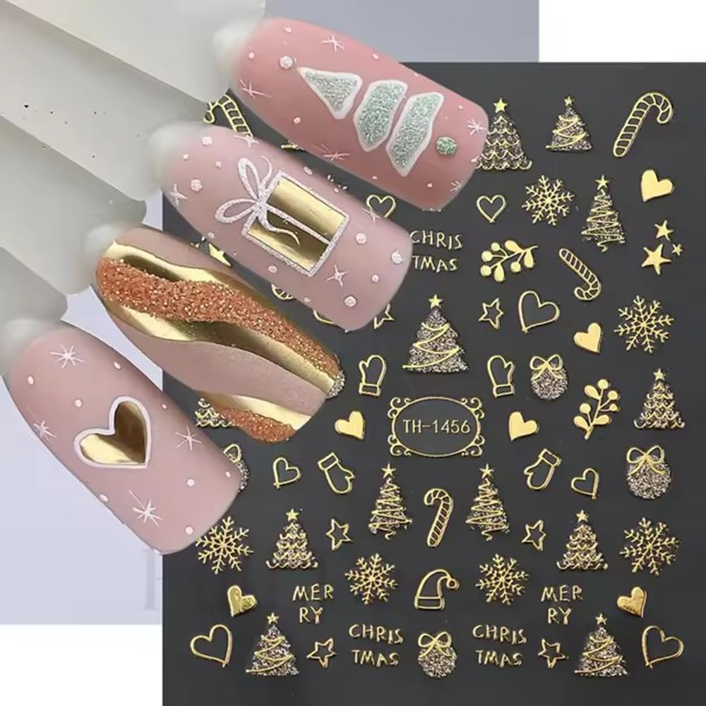 Christmas Nail Art Stickers Decals 3D Self-Adhesive Gold Christmas Nail Decals 6PCS Crystal Ball Snowflake Tree Candy Elk Xmas Nails Design Manicure Sliders for Women Holiday DIY Nail Decorations