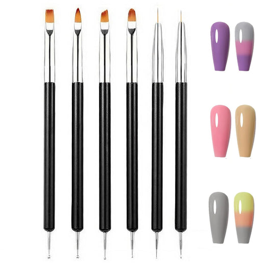 6PCS Double-Ended Nail Art Brush Kit For Gel Polish, Liner, Drawing, Dotting and Detailing - Professional Nail Art Design Pen And Paint Brushes Set