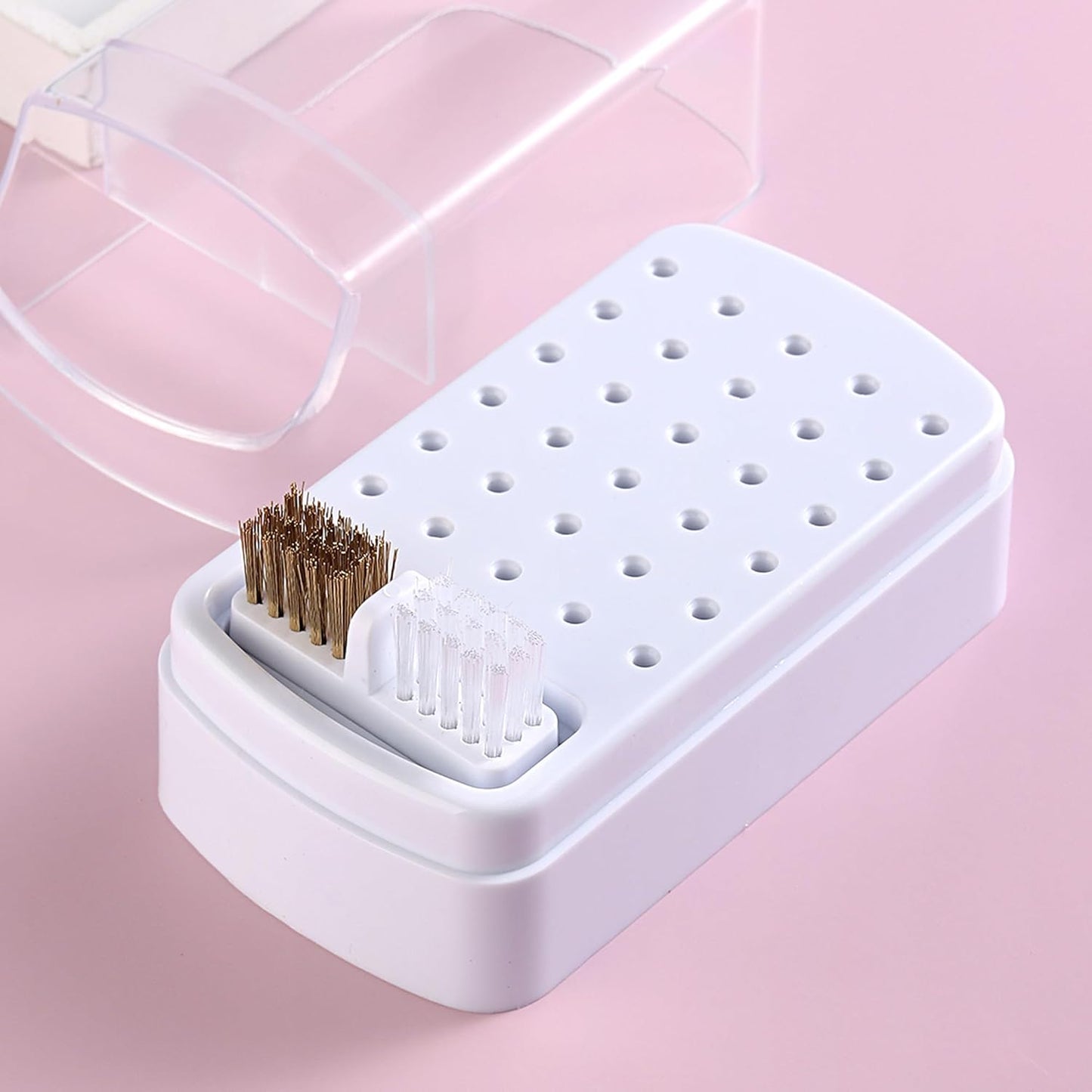 Nail Bit Holder & Nail Drill Bit Cleaner 2 in 1, 30 Holes Nail Drill Holder Organizer Nail Bit Brush Cleaner Drill Bit Holder for Nails Dustproof Stand Displayer Storage Box Tools-White