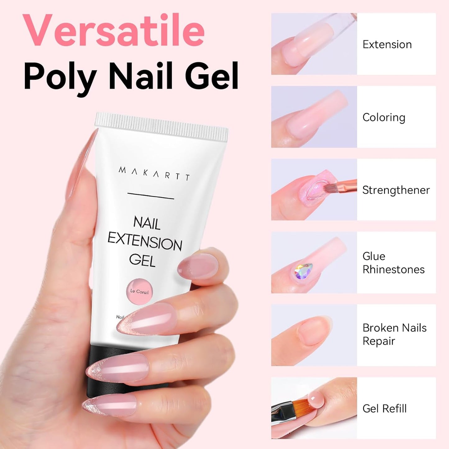 Makartt Poly Nail Gel: Natural Pink 50ML 3D Gel Nail Builder Salon Supplies Easy DIY at Home