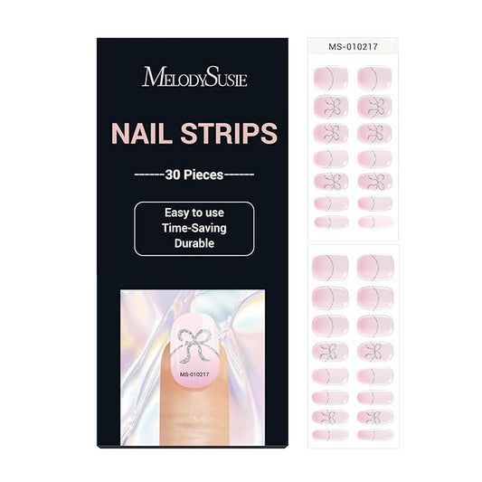 MelodySusie 30PCS Semi Cured Gel Nail Strips (Pink Bow French Tips), Works with Nail lamp, Salon Quality, Long Lasting, Easy to Apply and Remove, Includes 2 Prep Pads, Nail File and Wooden Stick