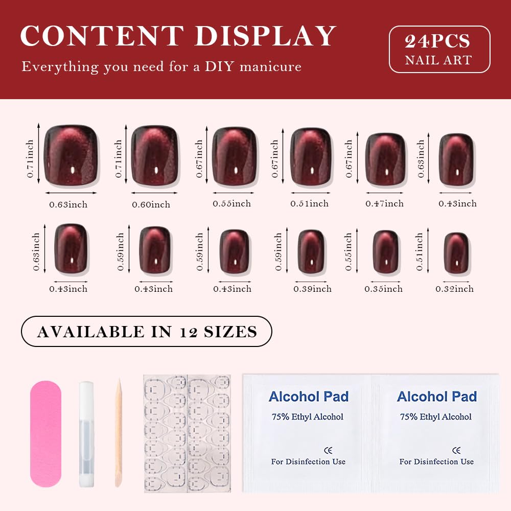evpct Wine Red Cat Eye Extra Short Press on Nails Square, Petite Short Square Glue on Nails for Women Gift, Black Wine Red Metallic Glitter Glossy Reusable Gel Press on Acrylic Fake Nail with Designs
