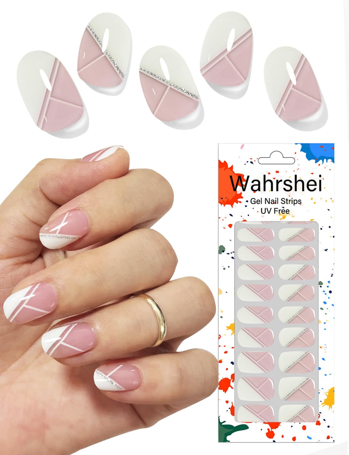 Gel Nail Strips No UV, Irregular French, UV Free, Long Lasting Gel Stickers - Contains 22 Wraps, 1 Prep Pad, 1 File