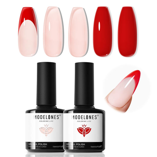 modelones French Tip Gel Nail Polish Set 2 Pcs 15ml Red and Jelly Pink French Manicure Kit Sheer Pink Soak Off U V LED Base Color Gel Polish Nail Art Home DIY Gift for Women
