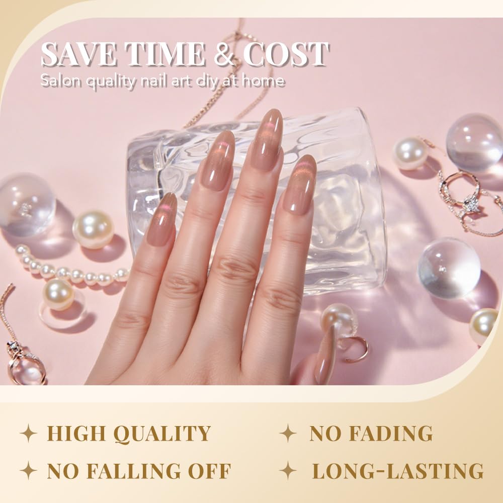 evpct Nude Brown Cat Eye Press on Nails Almond Medium, Medium Almond Glue on Nails for Women Gift, Iridescent Pink Smile Curve Metallic Glitter Reusable Gel Press on Acrylic Fake Nail with Designs