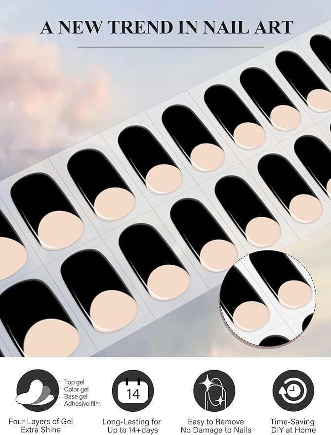 EBANKU 20Pcs Semi-Cured Gel Nail Strips for Women, Girl， Black Deep French Nail Sticker, Lasting Waterproof Full Wraps Stickers for Salon Manicures, Perfect with File and Stick