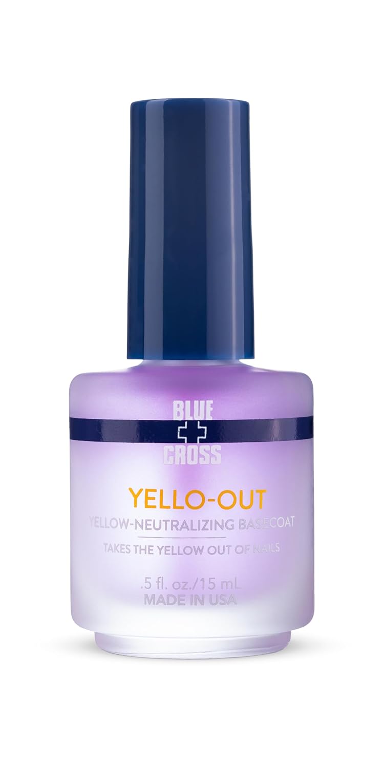 Blue Cross Yello Out, Yellow-Neutralizing Basecoat, Purple Toner for Yellow Nails + Fingernail Polish Color Enhancer, Professional Nail Care, Made in USA, 15mL/0.5fl oz