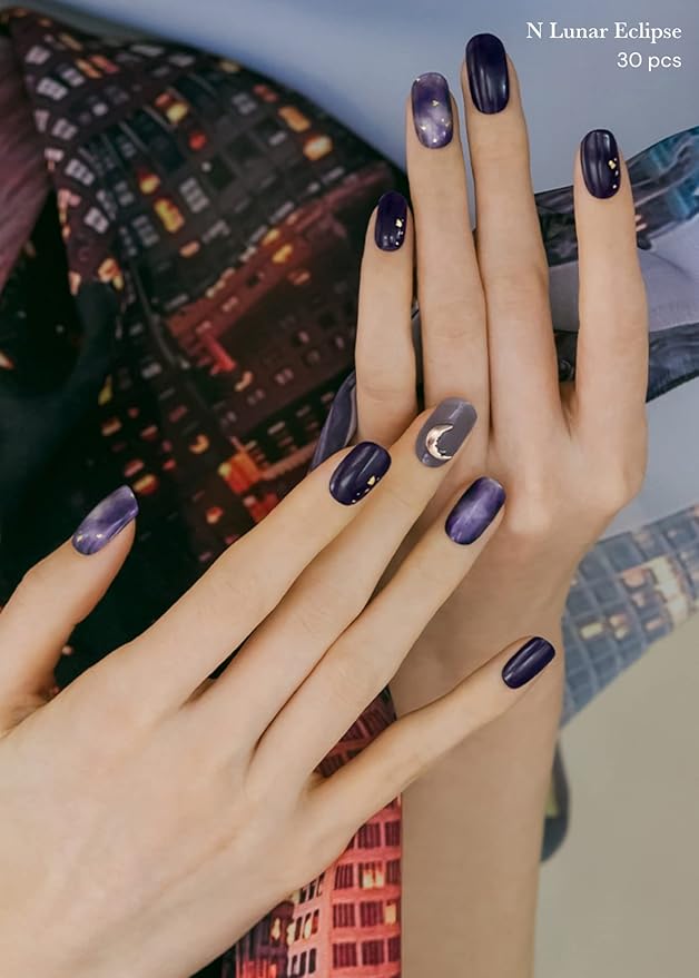 ohora Semi Cured Gel Nail Strips (N Lunar Eclipse) - Dark, Patterned, Works with Any UV/LED Lamps, Salon-Quality, Long Lasting, Easy to Apply & Remove - Includes 2 Prep Pads, Nail File & Wooden Stick