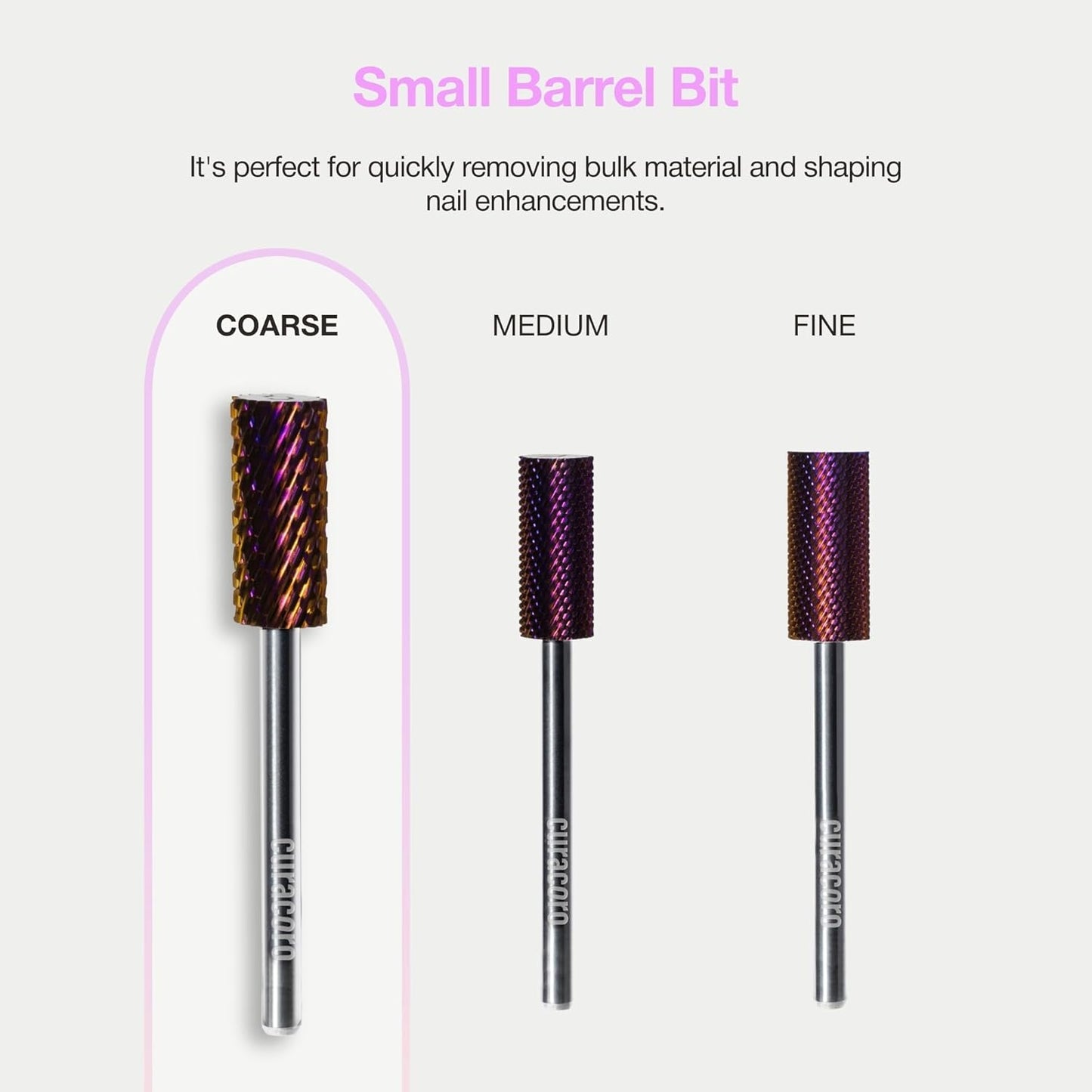 Curacoro Nail Drill Bits 3/32'' - Small Barrel Carbide Bit (Coarse) for Professional Finish, Precisely Remove, Shape & Smooth Acrylic or Gel Nails, Nail Art Pedicure Manicure Salon & Home
