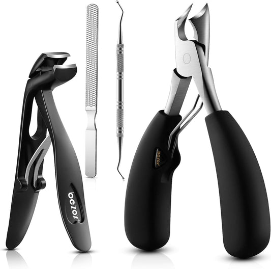 BEZOX Toenail Clipper Kit 4PCS Nail Care Set for Ingrown Toenails – Curved Head Toe Nail Clippers for Seniors for Thick Nails, Thick Fingernail Clippers, Long Nail File & Dual-Ended Lifter - Black
