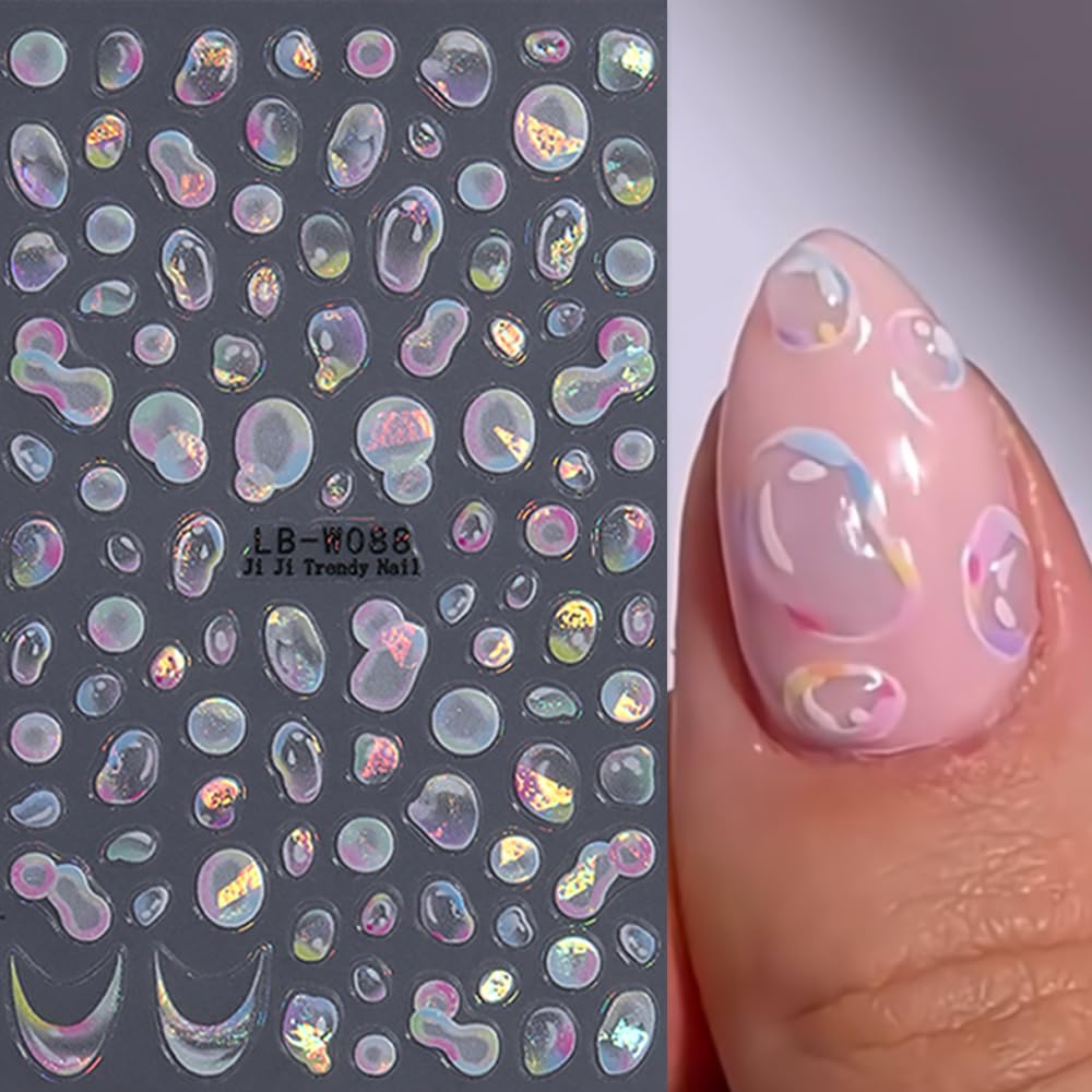 Water Bubble Nail Art Stickers Summer 3D Embossed Bubble Nail Decals 3PCS Colored Shiny Cute Dreamy Bubbles French Tip Design Summer Nails Adhesive Stickers Accessories for Women DIY Nail Decorations