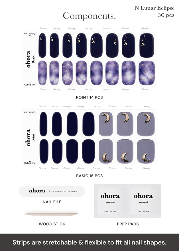 ohora Semi Cured Gel Nail Strips (N Lunar Eclipse) - Dark, Patterned, Works with Any UV/LED Lamps, Salon-Quality, Long Lasting, Easy to Apply & Remove - Includes 2 Prep Pads, Nail File & Wooden Stick