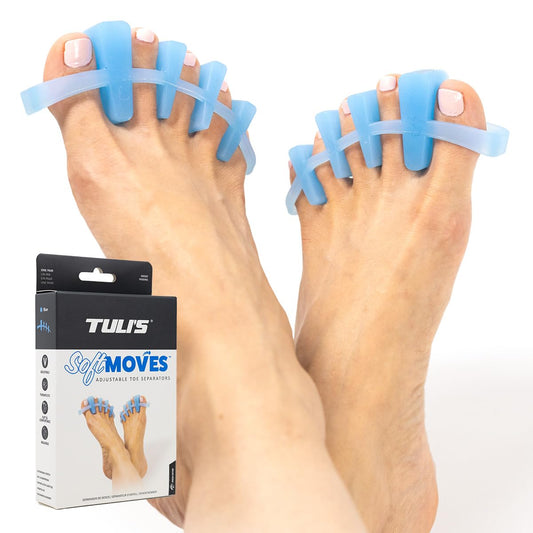 Tuli’s Soft Moves Adjustable Toe Separators, Silicone Toe Spacers for Alignment, Bunions, Hammertoes, Plantar Fasciitis, Yoga, Morton’s Neuroma, and Foot Health, One Size Fits All, Blue