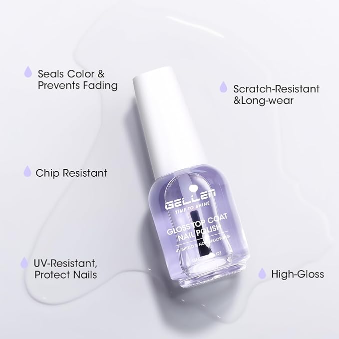 GELLEN Clear Nail Polish Top Coat, High Gloss Shine Top Coat Quick Air Dry UV-Resistant, Long Wear and Scratch Resistant, Chip Resistant, Protects Color & Nails, Non UV Gel, Hema Free, Non-toxic