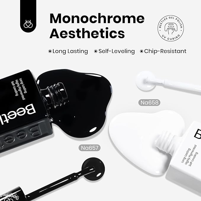 beetles Balck and White Gel Polish, Monochrome Aesthetics Hema-Free Black and White Color Gel Set, 2 Pcs 15ml Polish Soak Off Led French Nail Art Manicure Salon Diy at Home