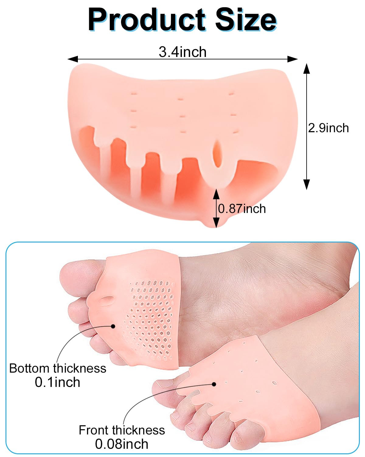 2 Pairs Silicone Toe Separators for Women and Men, Metatarsal Bunion Corrector Cushion, Soft And Breathable Toes Spacers for Foot Pain Relief (2*Skin)