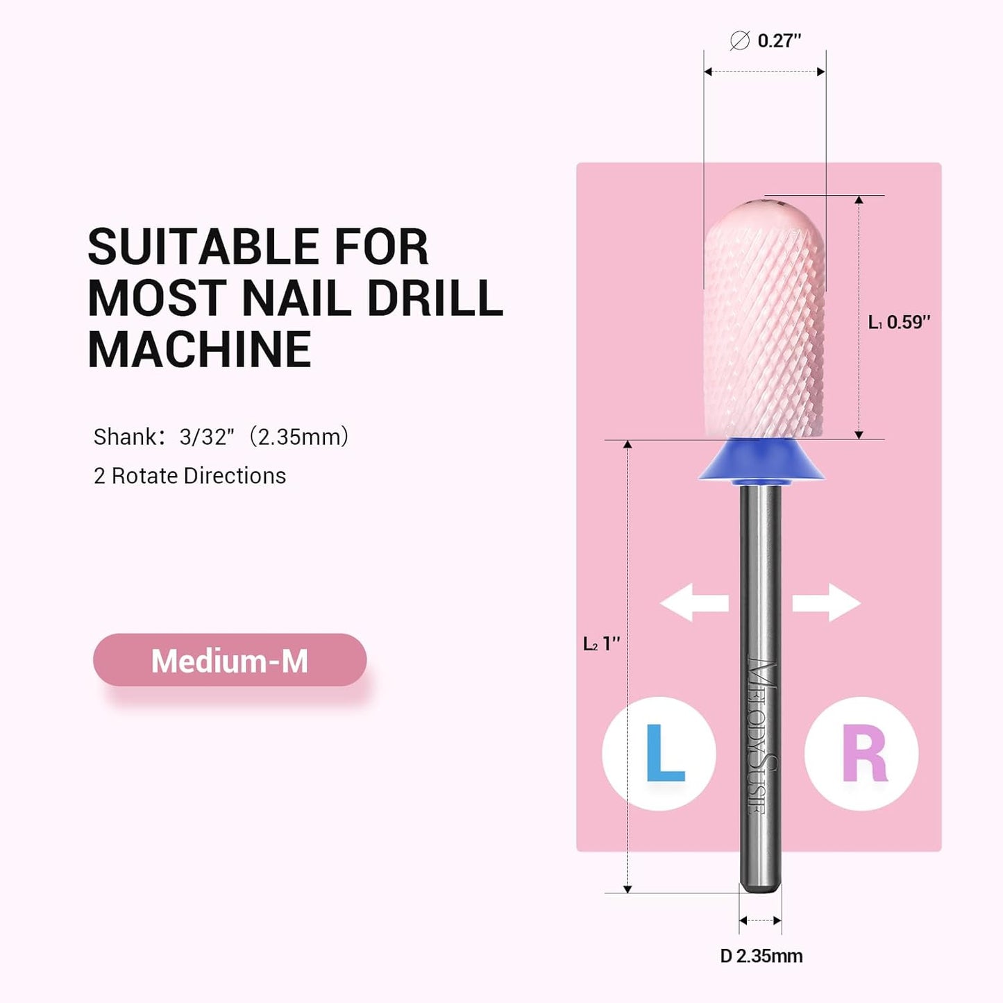 MelodySusie Ceramic Nail Drill Bit, 3/32'' Smooth Round Top Large Barrel Bits, Suitable for Manicure Pedicure Cuticle Gel Polishing, Beginners Bits, Pink, Series Bit-S, Medium