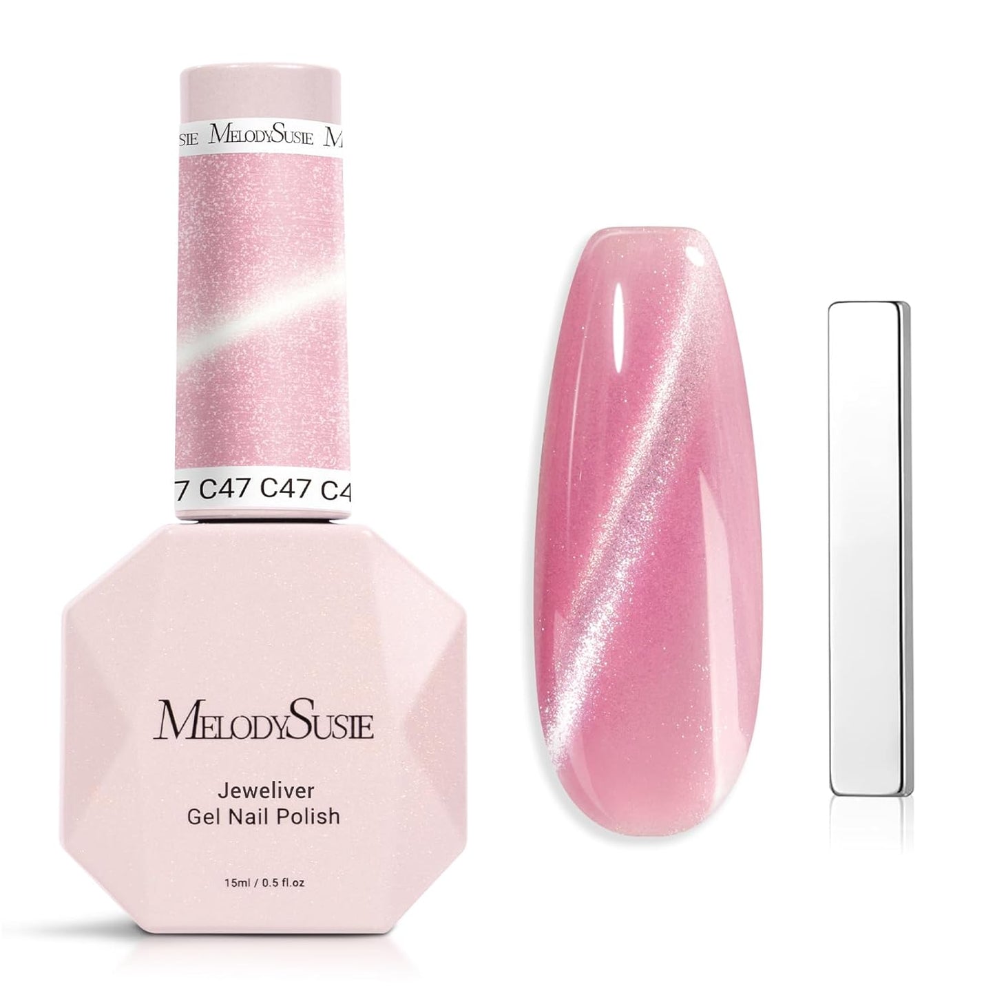 MelodySusie Jeweliver Cat Eye Gel Nail Polish, 0.5 Fl Oz Rose Pink Glitter Holographic Magnetic Nail Polish with Magnet, UV Nail Polish for Nail Art Manicure Salon DIY at Home C47