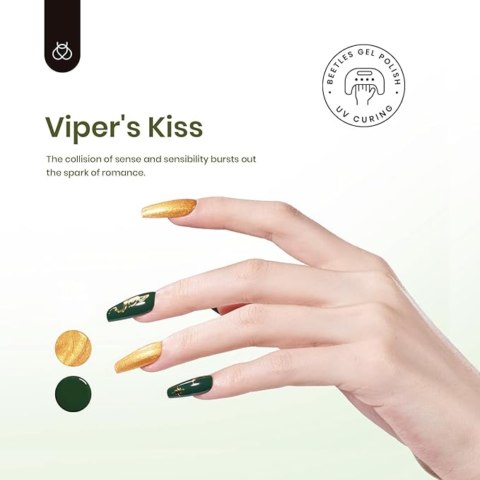 Beetles Gel Polish 6 Colors Dark Green White Black Golden Gel Nail Polish Design with Snake Sticker Soak Off UV LED Gel Nail Kit Manicure DIY Home Gift for Women Viper's Kiss