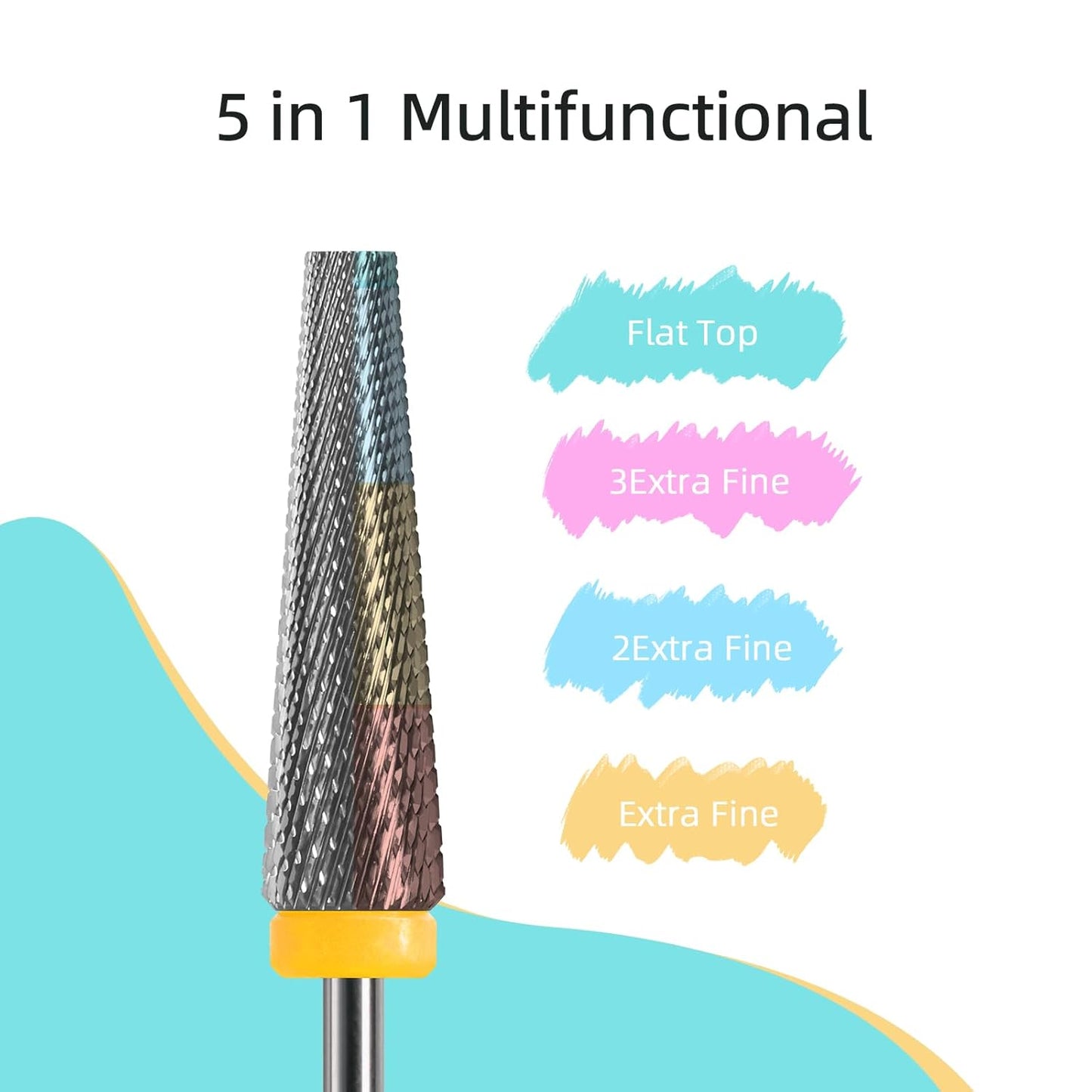 5 in 1 Nail Drill Bits, 24mm Flat Top Tapered Professional Tungsten Carbide Bit for Gel Polish & Base Removal, Electric File Manicure Drills Accessories Tool,XF