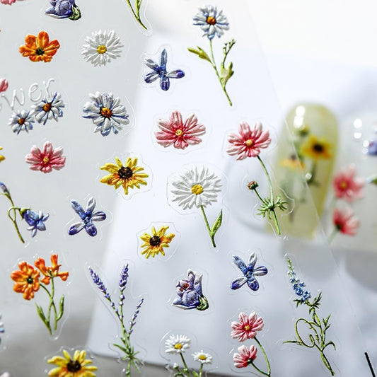 1Pcs Embossed Flower Nail Stickers Small Daisy Nail Decals 5D Embossed Wildflower Nail Art Stickers Spring Summer Self-Adhesive Nail Supplies Flower Design Nail Art Decoration for Women Girls Kids