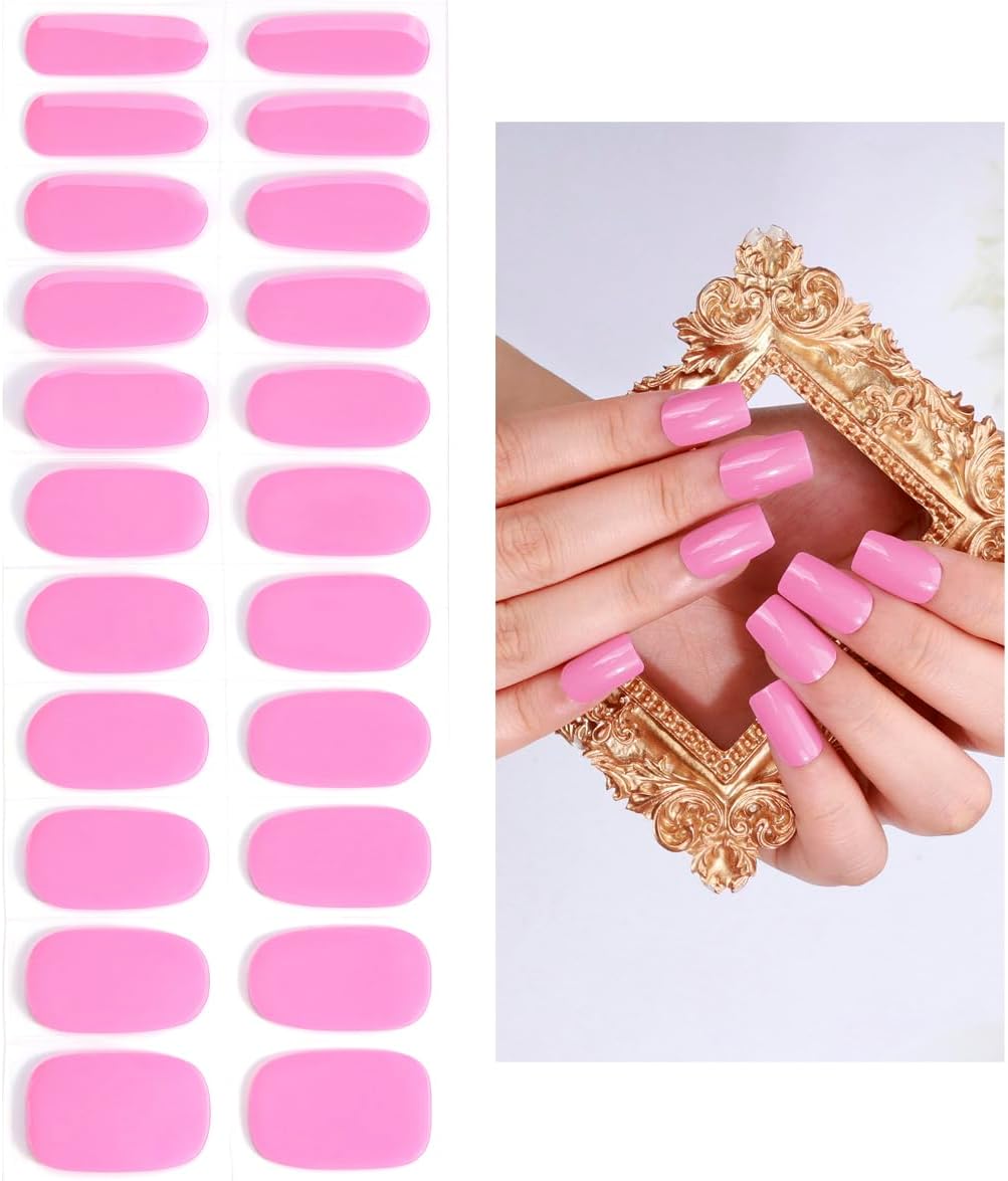 No Lamp Gel Nail Strips 22 Pcs Wraps - Dark Pink, Solid, Easy Apply Gel Nail Stickers Long Lasting, Salon-Quality, 2 Prep Pads, 1 File, 1 Wooden Stick
