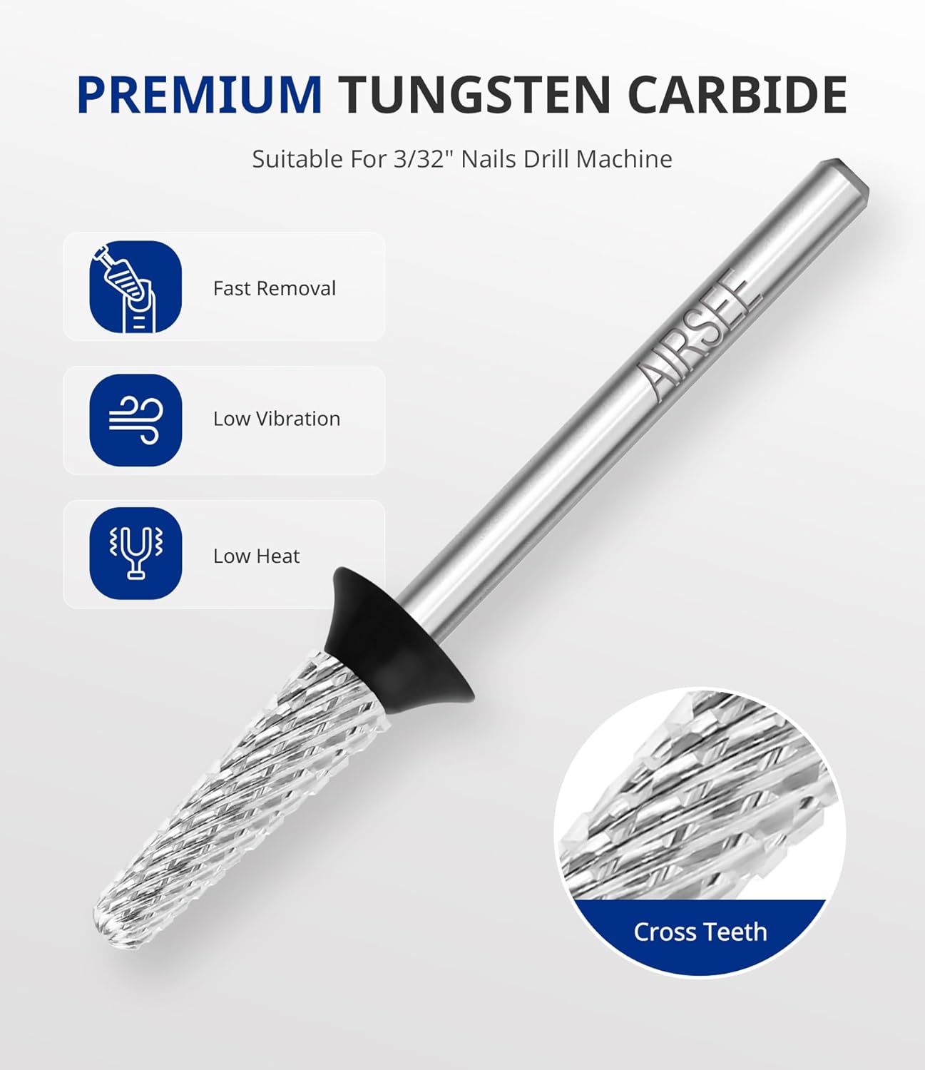 AIRSEE Tungsten Carbide Acrylic Nail Drill Bit Efile Electric File Machine Head Tip for Manicure Polishing Art Remove Gel 3/32" 2 Way Safety Use Ball Top Tapered Bit Cone Shape Extra Coarse-XC