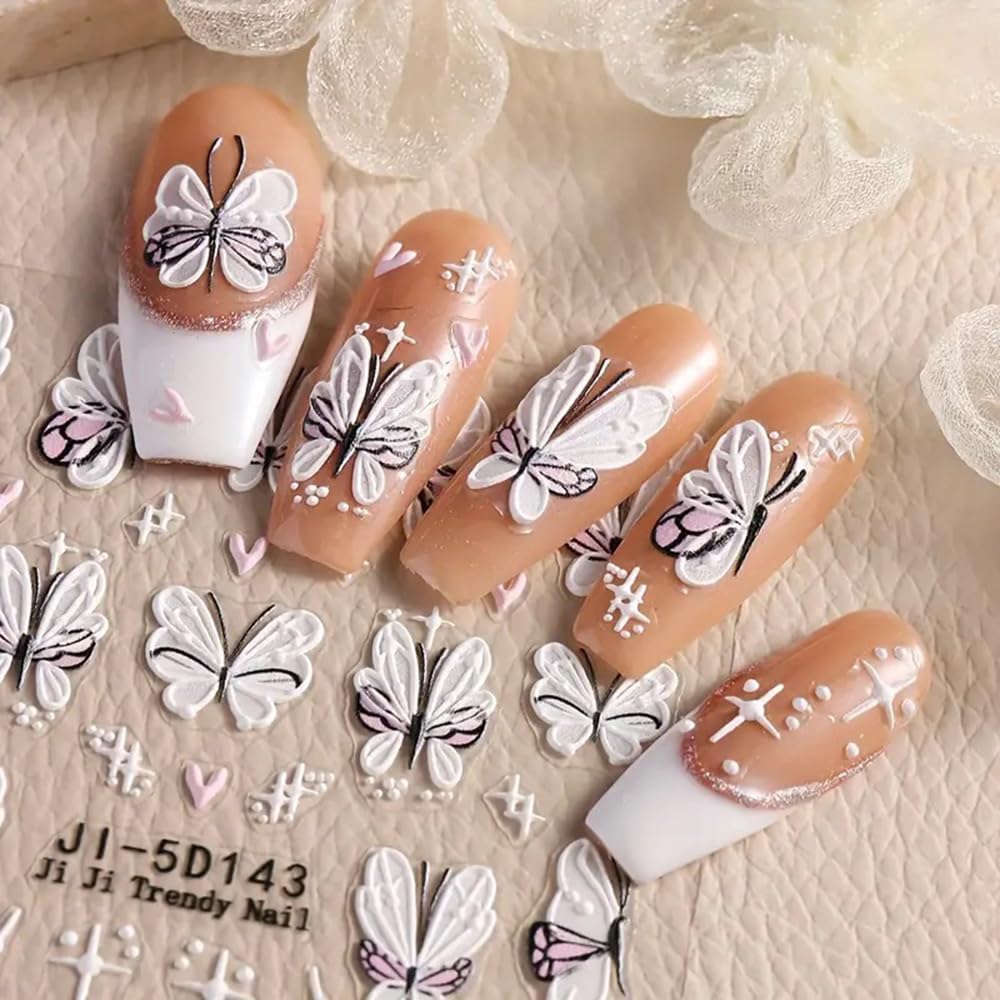 3Pcs Flower Nail Art Stickers Decals 5D Pink Flowers Nail Stickers Spring Relief Blue Butterfly Design Nails Art Decals for Decorations Flower Stickers for Nails Manicure Sliders for Women