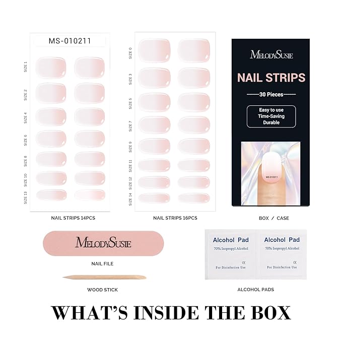 MelodySusie 30PCS Semi Cured Gel Nail Strips (Pink Gradient French Tips), Salon Quality, Long Lasting, Easy to Apply and Remove, Includes 2 Prep Pads, Nail File and Wooden Stick
