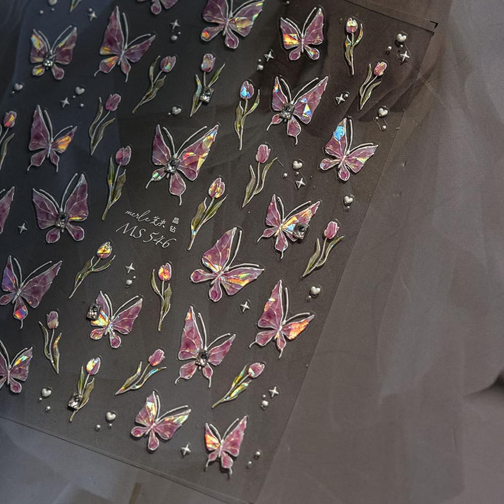 Butterfly Nail Art Stickers Decals Pink Butterfly 5D Embossed Nail Decals Tulip Butterfly Nail Charms Designs Adhesive Sticker Manicure Accessories for Women Girls DIY Nail Art Decorations Supplies