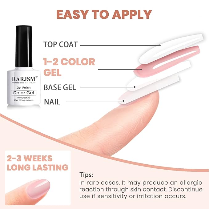 RARJSM Nude Gel Polish for French Manicure,Sheer Jelly Pink Gel Nail Polish Set of 6 Transparent Colors Clear Light Brown Pure White Neutral Nail Varnish LED UV Curing Requires 7.5ml for Home Salon
