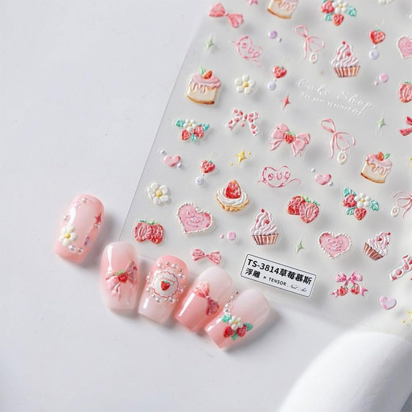Strawberry Nail Stickers Pink Bow Nail Art Stickers 5D Self-Adhesive Nail Decals Strawberry Cake Nail Design Pink Nail Art Decoration Accessories for Women and Girls