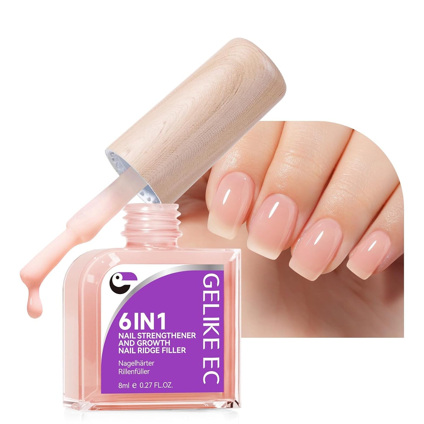 Gelike EC Nail Growth Strengthener for Woman: Nude Blush 6 in 1 Natural Nail Hardener Extra Strong and Growth - Nail Polish Hardener for Weak and Damaged Nails