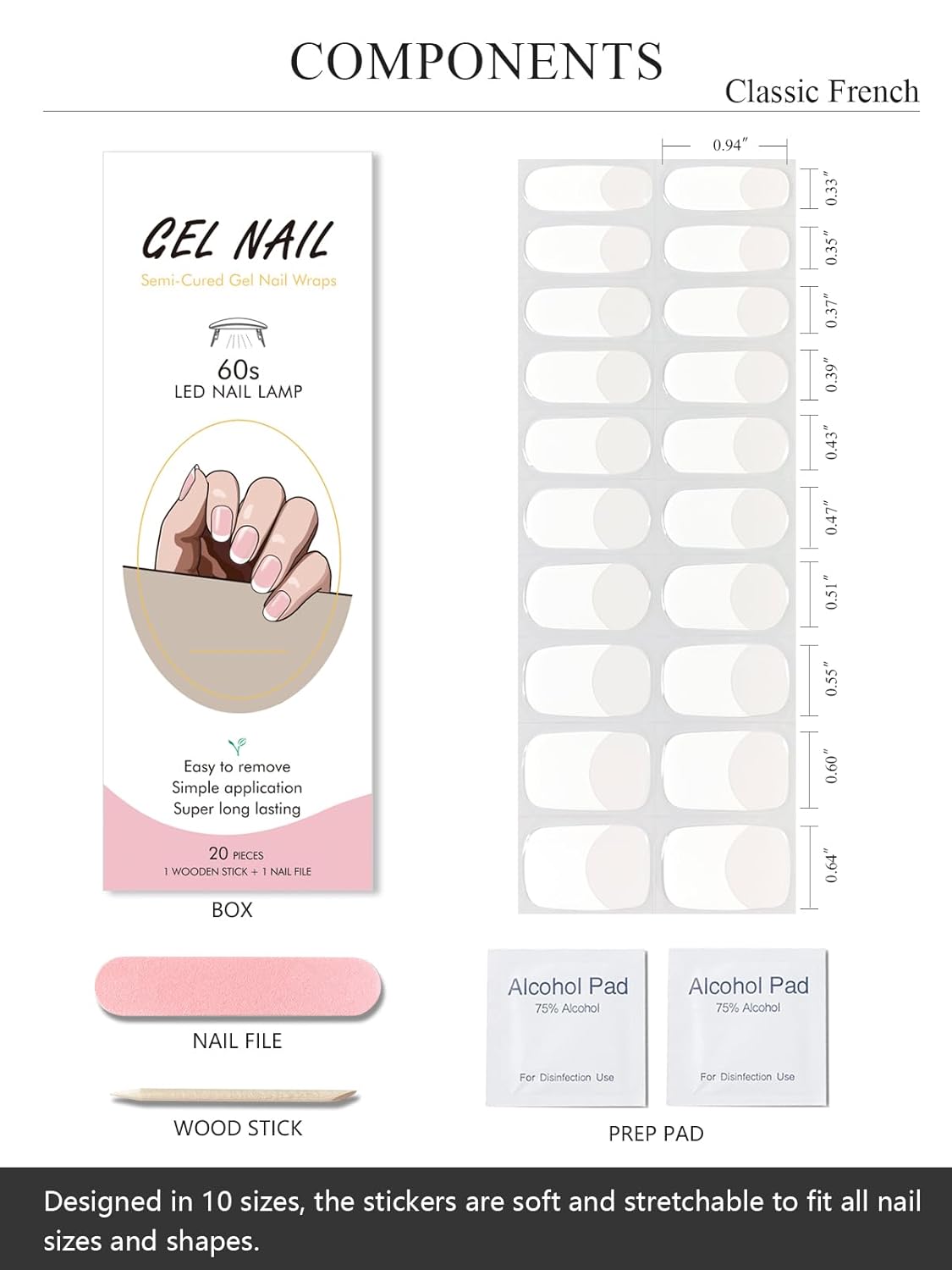 Semi Cured Gel Nail Strips (Classic French), White French Tip, 20 Pcs Gel Nail Wraps, Stickers, UV Light Required, Salon Quality, Long Lasting
