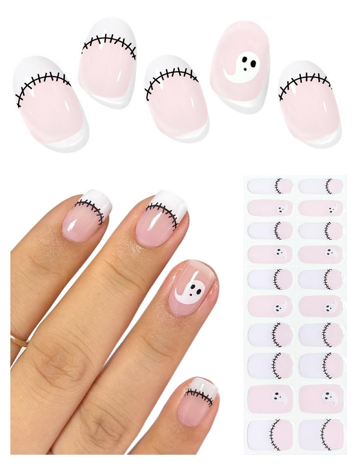 Semi Cured Gel Nail Strips (Ghost French), Halloween, 20 Pcs Gel Nail Wraps, Stickers, Salon Quality, Long Lasting, Works With Any Lamps