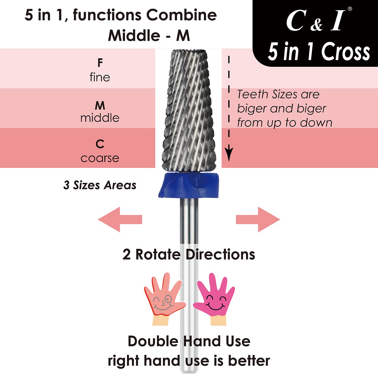 C & I 5 in 1 Multi-function Tapered Shape Nail Drill, Cross Teeth Edition, Professional Drill Bit for Nail Manicure Machine (Middle - M)