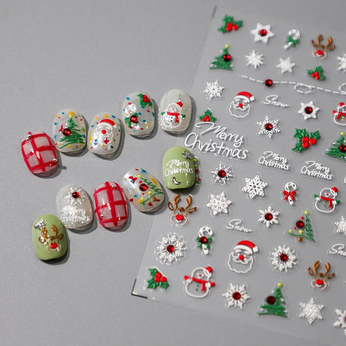 5D Christmas Nail Art Stickers Embossed Snowflakes Nail Stickers Christmas Tree Santa Claus Elk Winter Holiday Nail Design Xmas Nail Decals Nail Art Supplies for Christmas Nails DIY Manicure