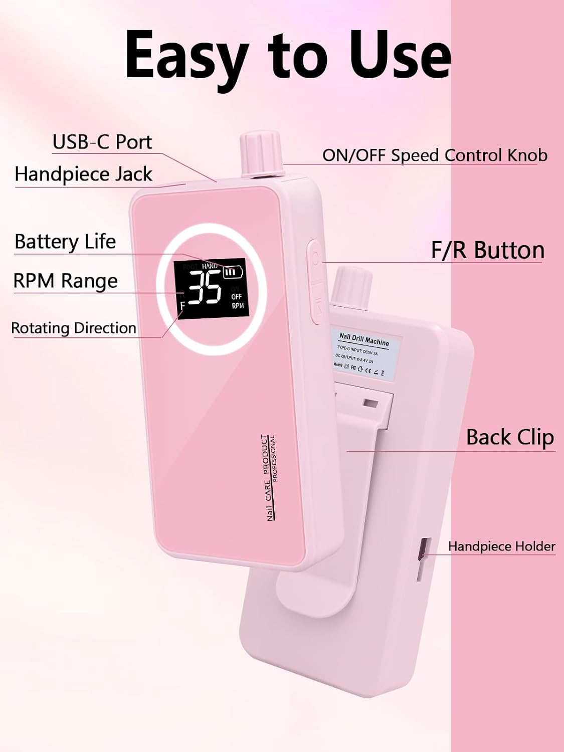 Portable Nail Drill Professional 45000 RPM, Rechargeable Electric Nail File Machine E File for Acrylic Gel Polishing Removing Pink