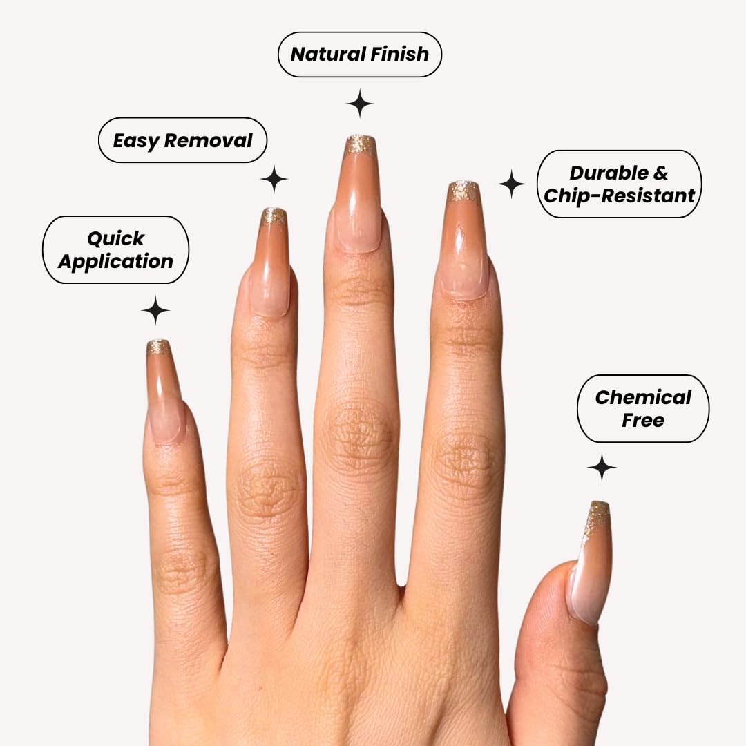 Perfect Look Press On Nails - Coral Shine | No Glue One-Day Coffin Nails, Peach Ombre Nails with Glitter French Tips - 24 Pcs Nail Kit with Adhesive Tabs