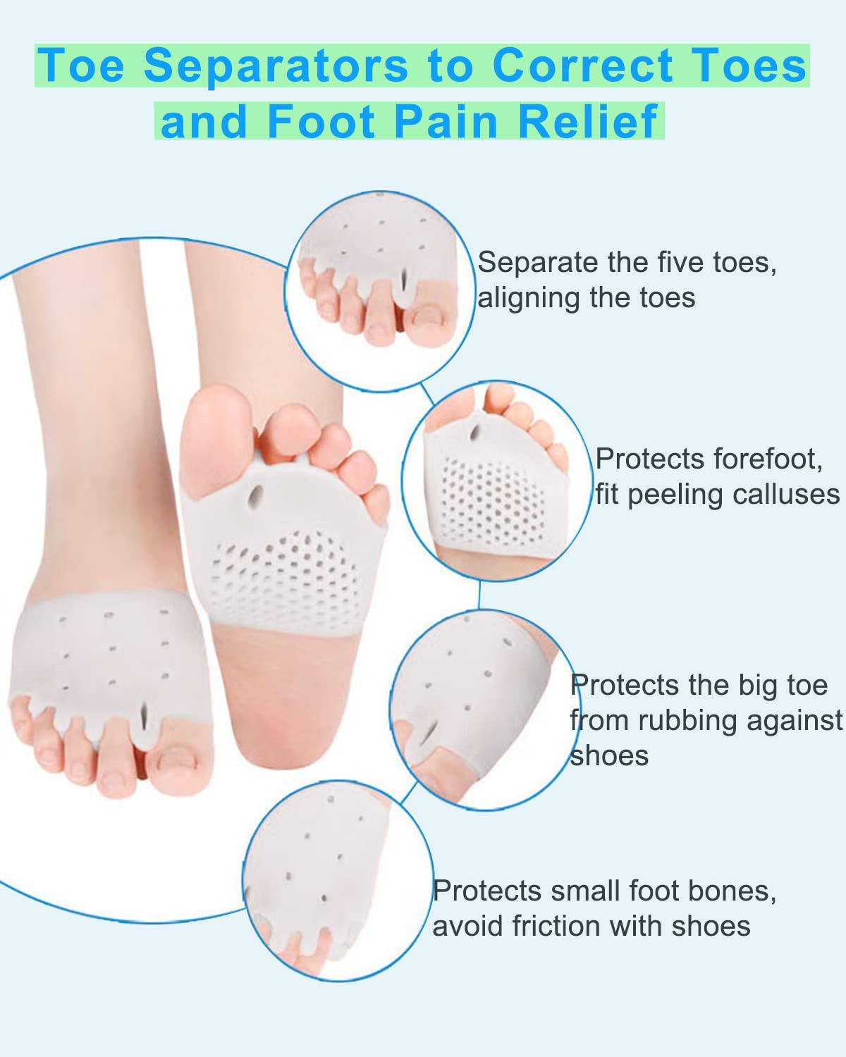 4 Pairs Metatarsal Gel Pads Toe Spacers Separators to Correct Bunions, Forefoot Pads, Hammertoe Corrector Big Toe Straighteners for Women Men Foot Pain Relief